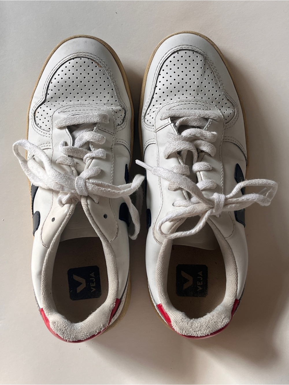 VEJA White Leather Sneakers with Navy V and Red Heel